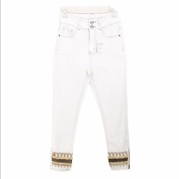 Luxe Moda Frayed Hem Embellished Jeans White Sz 4 - Picture 1 of 11